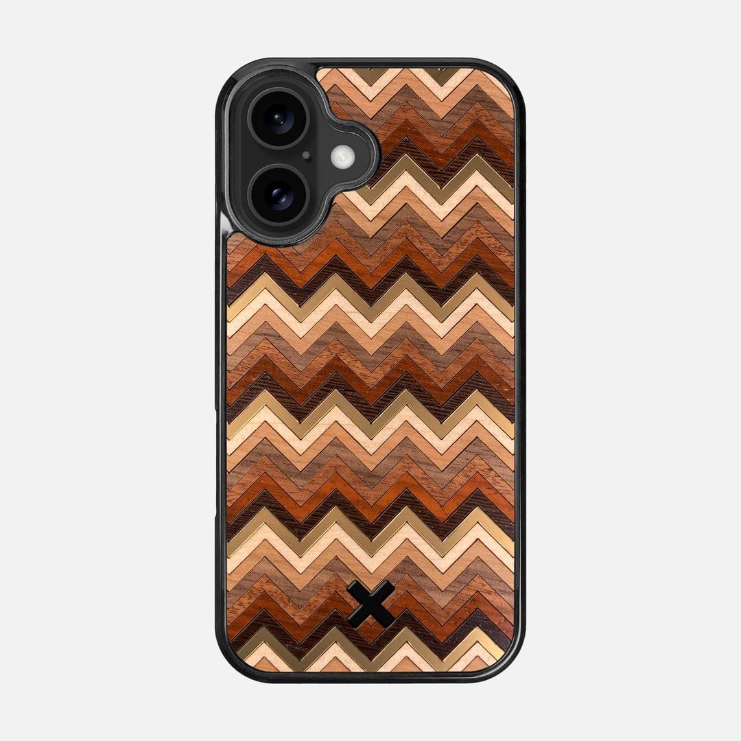 Echo Case for the Apple iPhone 16 featuring a zigzag Gold, Maple, Cherry, Walnut, Sapele, Padauk, and Wenge Wood backer with the Keyway X Mark#Phone Model_iPhone 16