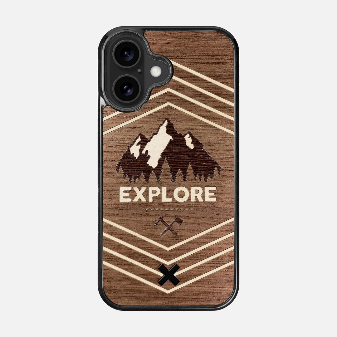 Explore Case for the Apple iPhone 16 featuring a Wenge and Maple Mountain Range inlay on a Walnut Wood backer with the Keyway X Mark#Phone Model_iPhone 16