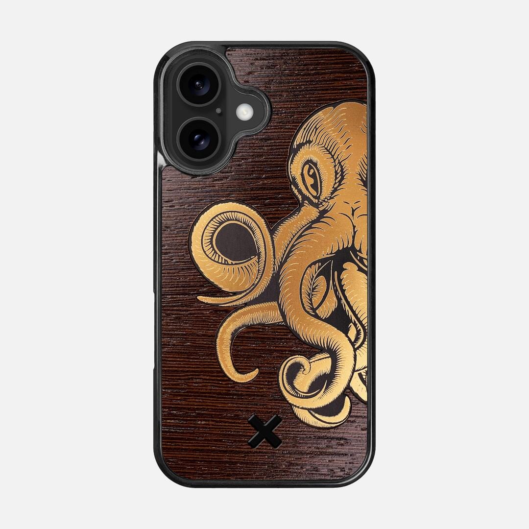 Kraken 2 Case for the Apple iPhone 16 featuring an Engraved Gold and Wenge Wood backer with the Keyway X Mark#Phone Model_iPhone 16