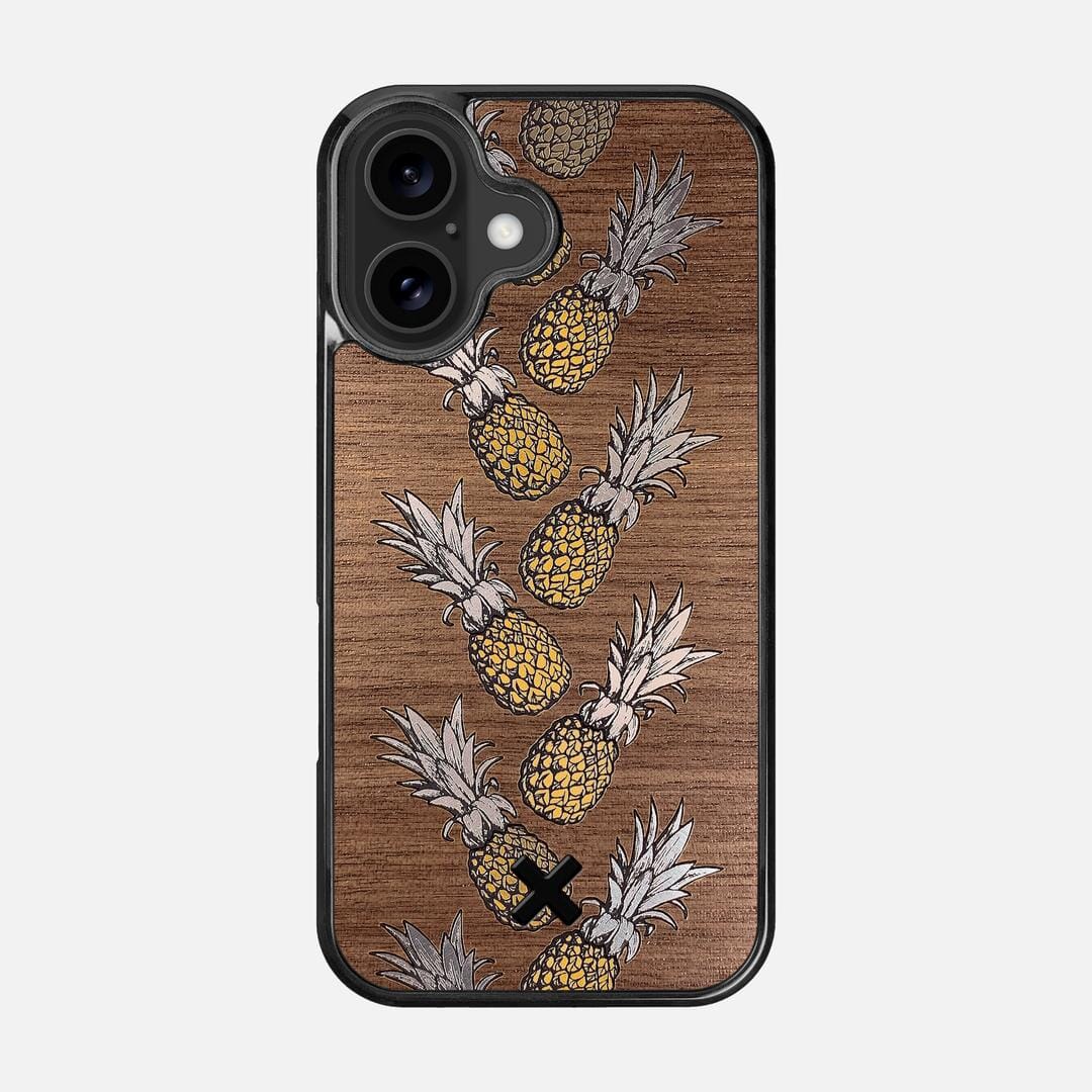 Pineapple Case for the Apple iPhone 16 featuring a repeating gold and silver Pineapple inlay on a Walnut Wood backer with the Keyway X Mark#Phone Model_iPhone 16