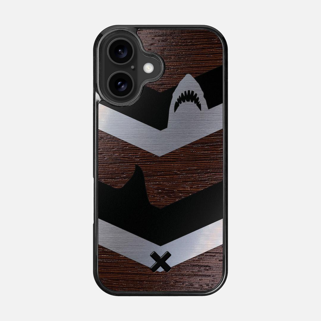 Shark Chevron Case for the Apple iPhone 16 featuring an Engraved Silver and Wenge Wood backer with the Keyway X Mark#Phone Model_iPhone 16