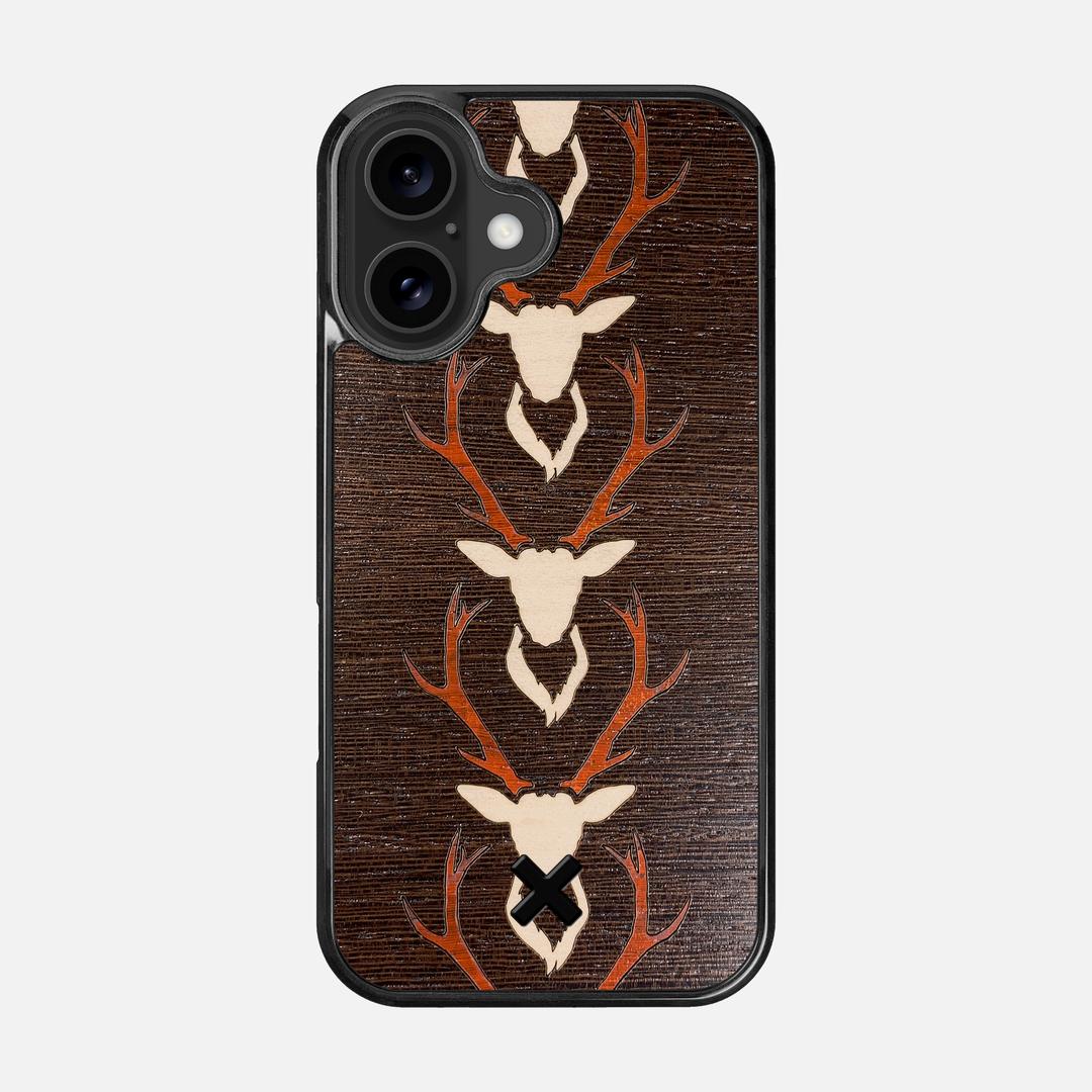 Stag Case for the Apple iPhone 16 featuring a Maple & Padauk Deer Inlay on a Wenge Wood backer with the Keyway X Mark#Phone Model_iPhone 16