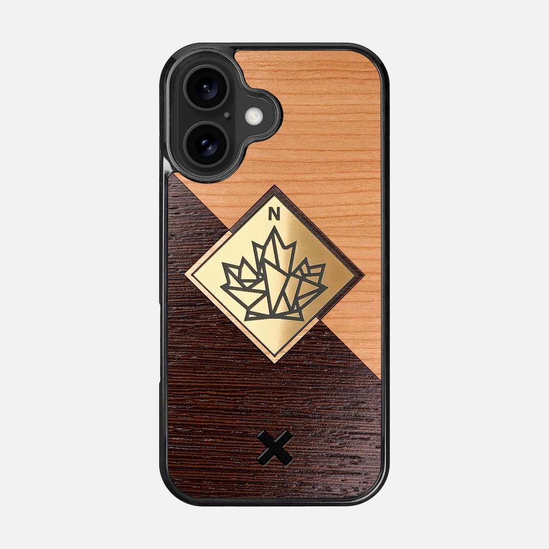 True North Case for the Apple iPhone 16 featuring an Engraved Gold, Cherry, and Wenge Wood backer with the Keyway X Mark#Phone Model_iPhone 16