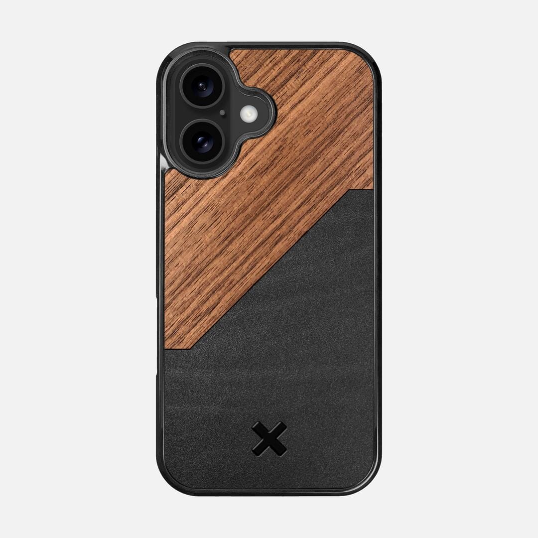 Walnut Rift Case for the Apple iPhone 16 featuring a Genuine Leather and Walnut Wood backer with the Keyway X Mark#Phone Model_iPhone 16