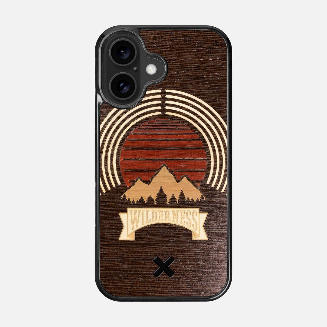 Wilderness Case for the Apple iPhone 16 featuring a Maple, Padauk, and Cherry Sunset inlay on a Wenge Wood backer with the Keyway X Mark#Phone Model_iPhone 16
