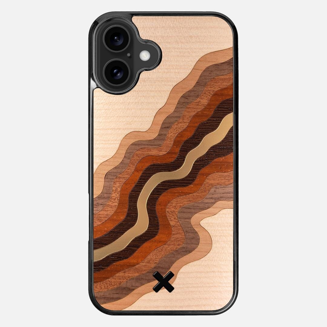 Canyon Case for the Apple iPhone 16 Plus featuring a flowing Gold, Maple, Cherry, Walnut, Sapele, Padauk, and Wenge Wood backer with the Keyway X Mark#Phone Model_iPhone 16 Plus