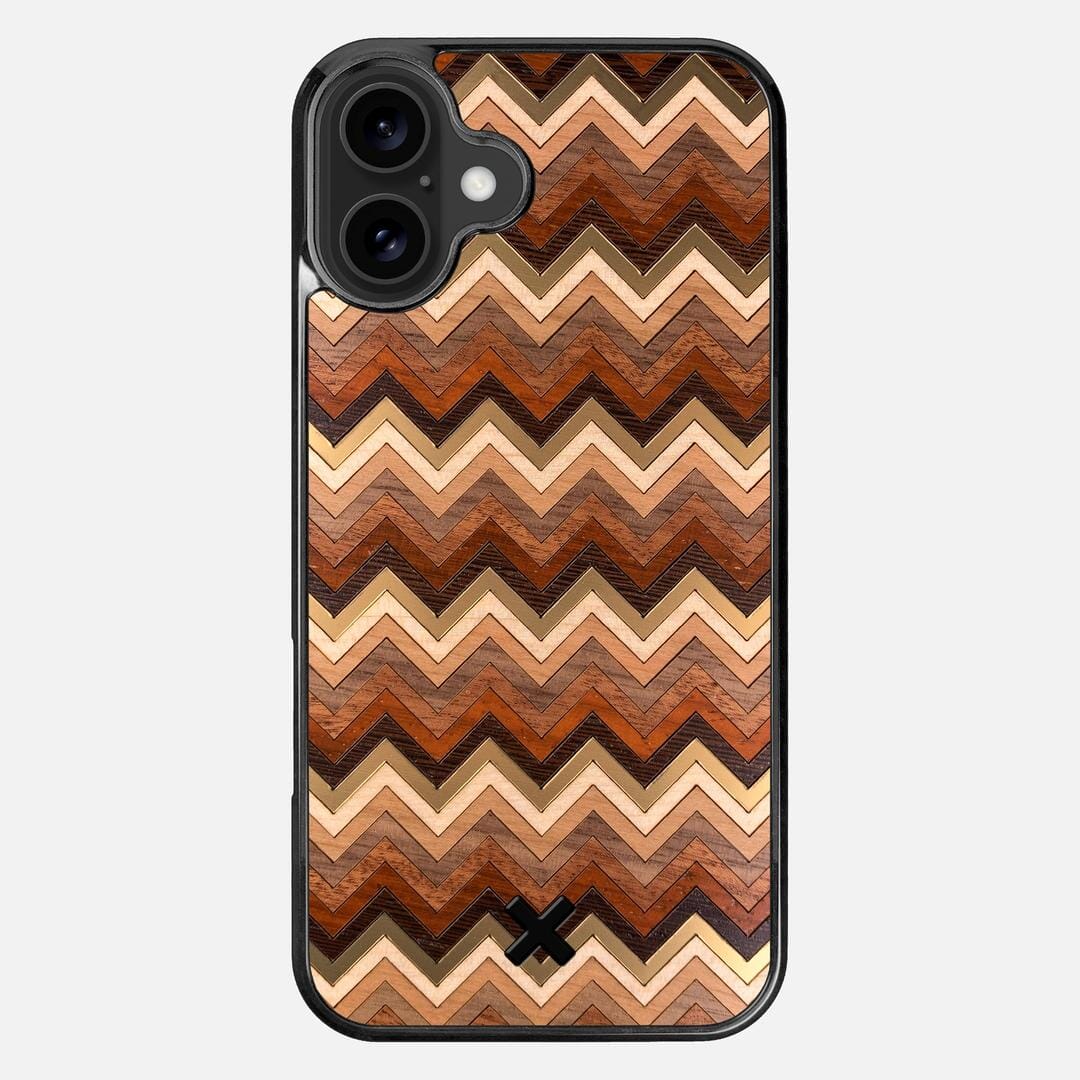Echo Case for the Apple iPhone 16 Plus featuring a zigzag Gold, Maple, Cherry, Walnut, Sapele, Padauk, and Wenge Wood backer with the Keyway X Mark#Phone Model_iPhone 16 Plus