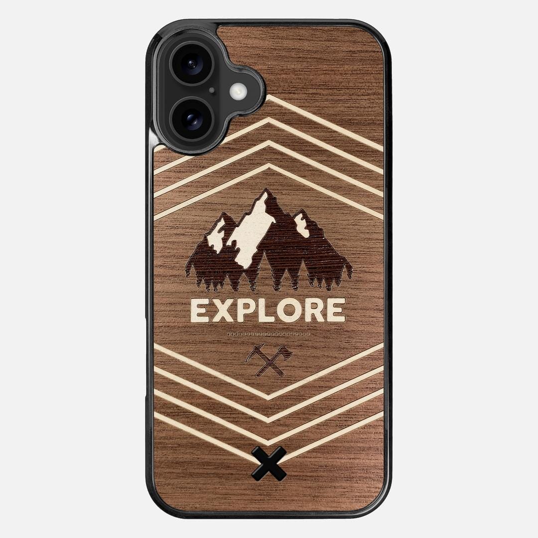 Explore Case for the Apple iPhone 16 Plus featuring a Wenge and Maple Mountain Range inlay on a Walnut Wood backer with the Keyway X Mark#Phone Model_iPhone 16 Plus