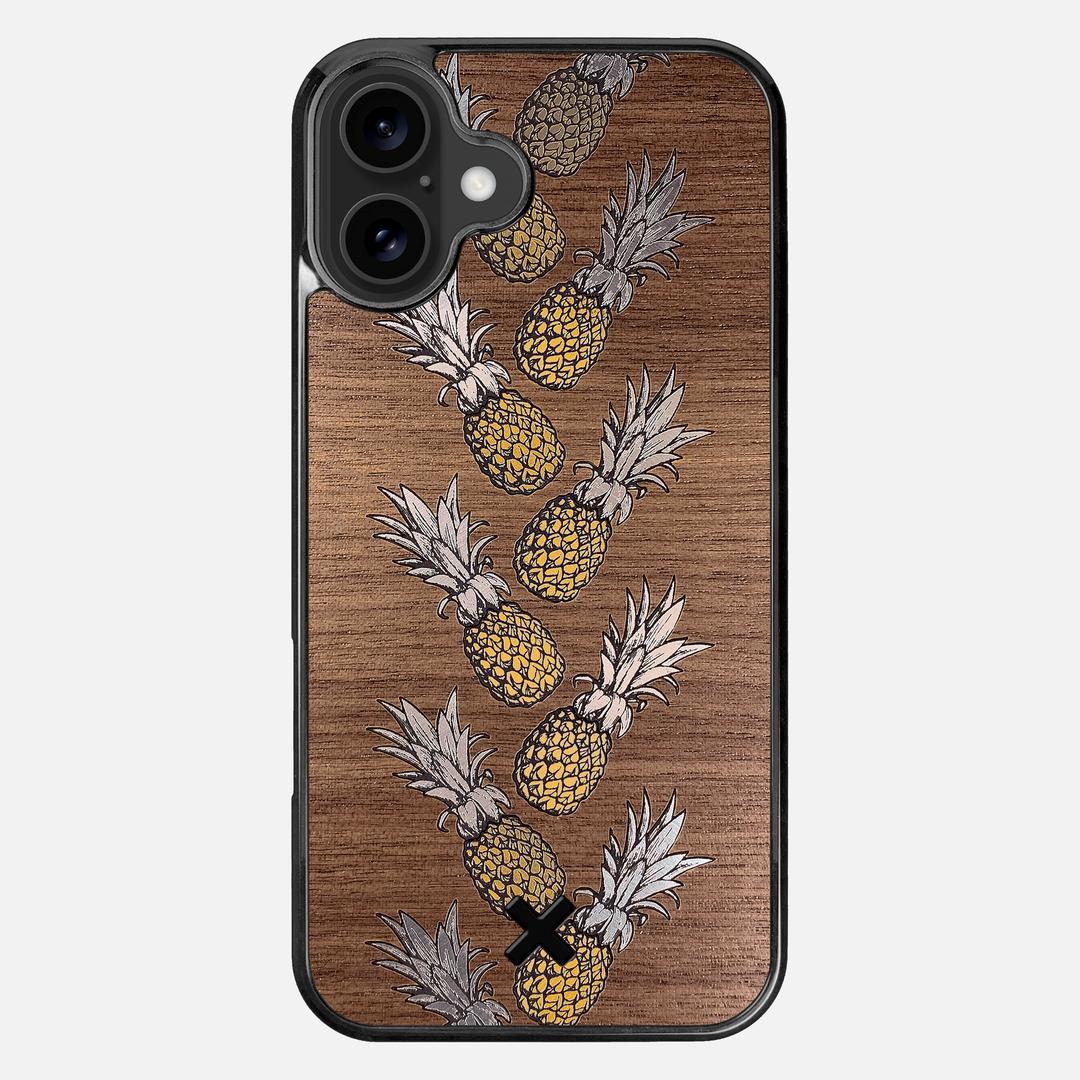 Pineapple Case for the Apple iPhone 16 Plus featuring a repeating gold and silver Pineapple inlay on a Walnut Wood backer with the Keyway X Mark#Phone Model_iPhone 16 Plus