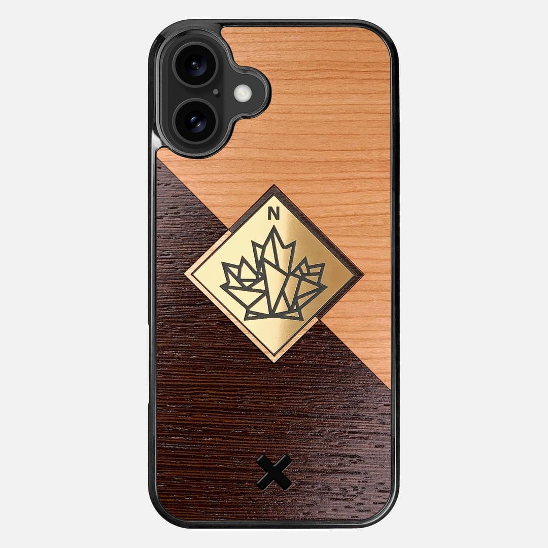 True North Case for the Apple iPhone 16 Plus featuring an Engraved Gold, Cherry, and Wenge Wood backer with the Keyway X Mark#Phone Model_iPhone 16 Plus
