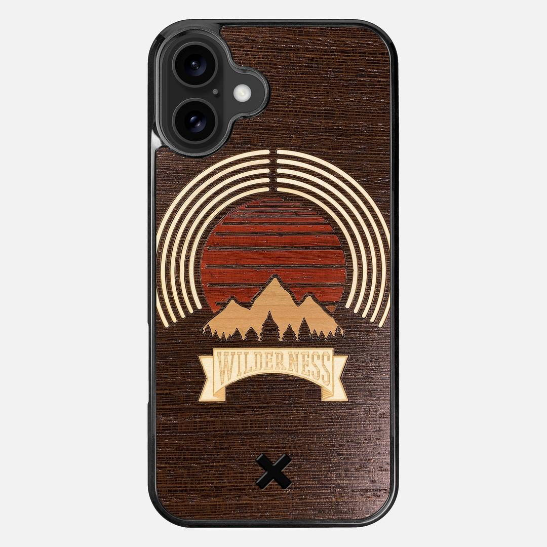 Wilderness Case for the Apple iPhone 16 Plus featuring a Maple, Padauk, and Cherry Sunset inlay on a Wenge Wood backer with the Keyway X Mark#Phone Model_iPhone 16 Plus