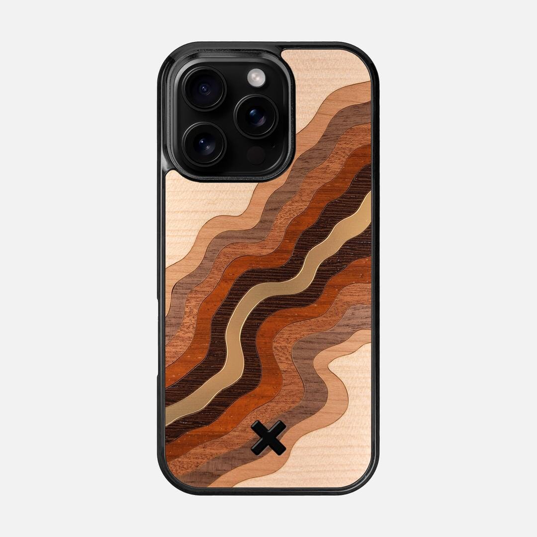 Canyon Case for the Apple iPhone 16 Pro featuring a flowing Gold, Maple, Cherry, Walnut, Sapele, Padauk, and Wenge Wood backer with the Keyway X Mark#Phone Model_iPhone 16 Pro