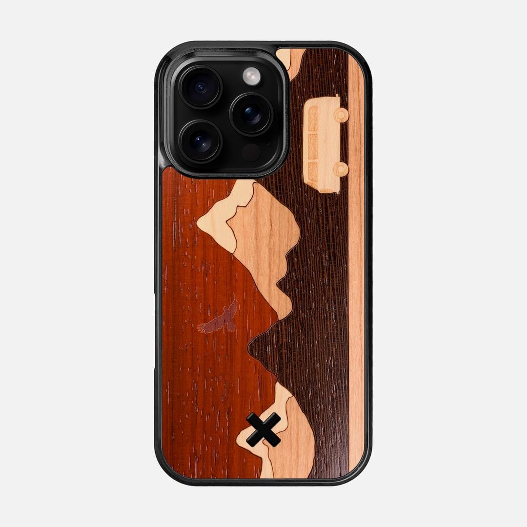Cross Country Case for the Apple iPhone 16 Pro featuring a Padauk, Maple, Cherry, and Wenge Wood backer with the Keyway X Mark#Phone Model_iPhone 16 Pro