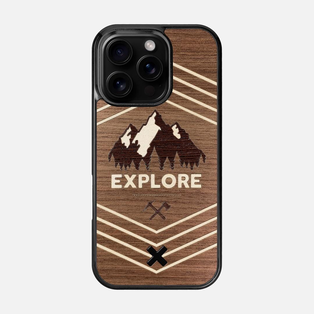 Explore Case for the Apple iPhone 16 Pro featuring a Wenge and Maple Mountain Range inlay on a Walnut Wood backer with the Keyway X Mark#Phone Model_iPhone 16 Pro