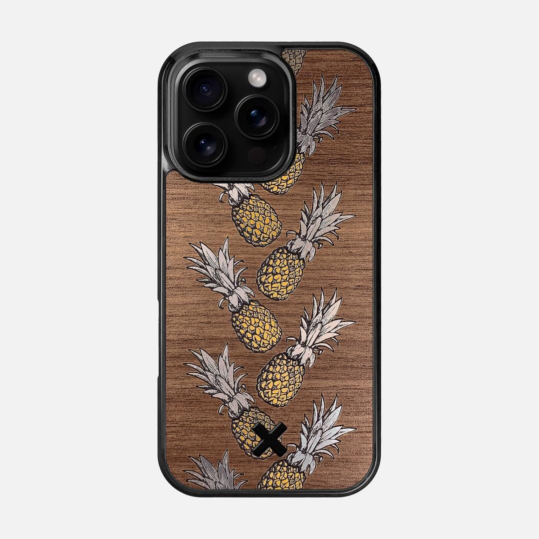 Pineapple Case for the Apple iPhone 16 Pro featuring a repeating gold and silver Pineapple inlay on a Walnut Wood backer with the Keyway X Mark#Phone Model_iPhone 16 Pro