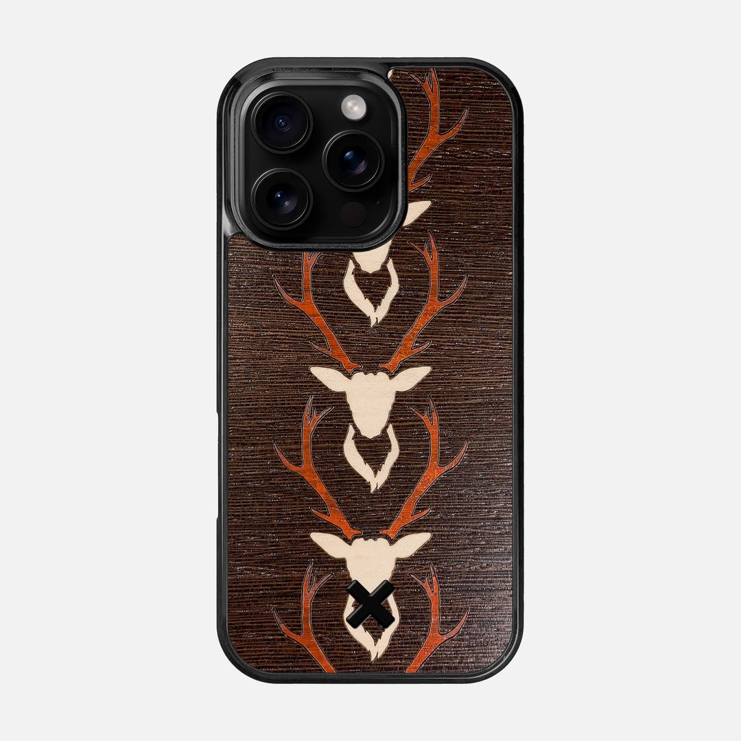 Stag Case for the Apple iPhone 16 Pro featuring a Maple & Padauk Deer Inlay on a Wenge Wood backer with the Keyway X Mark#Phone Model_iPhone 16 Pro