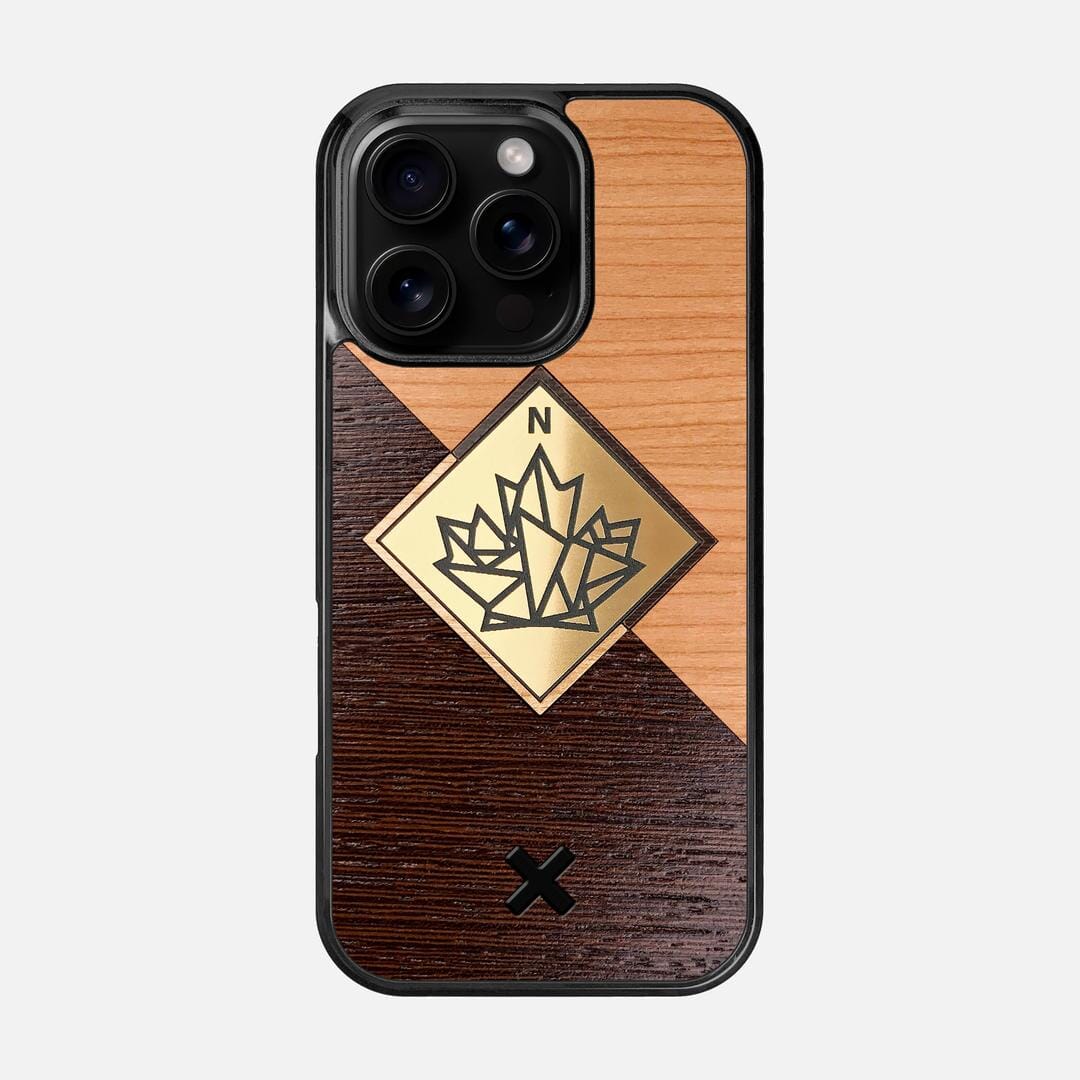True North Case for the Apple iPhone 16 Pro featuring an Engraved Gold, Cherry, and Wenge Wood backer with the Keyway X Mark#Phone Model_iPhone 16 Pro