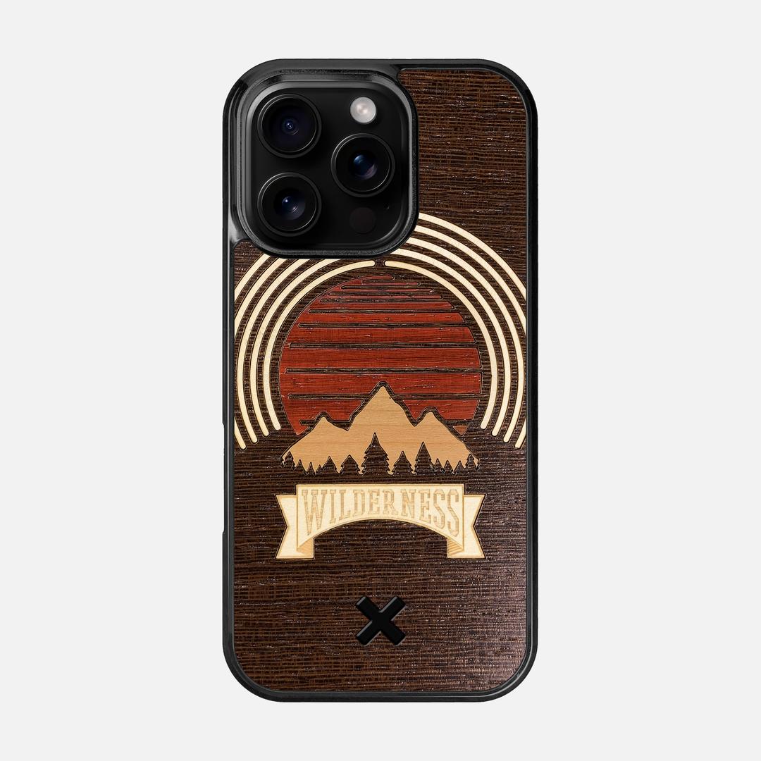 Wilderness Case for the Apple iPhone 16 Pro featuring a Maple, Padauk, and Cherry Sunset inlay on a Wenge Wood backer with the Keyway X Mark#Phone Model_iPhone 16 Pro