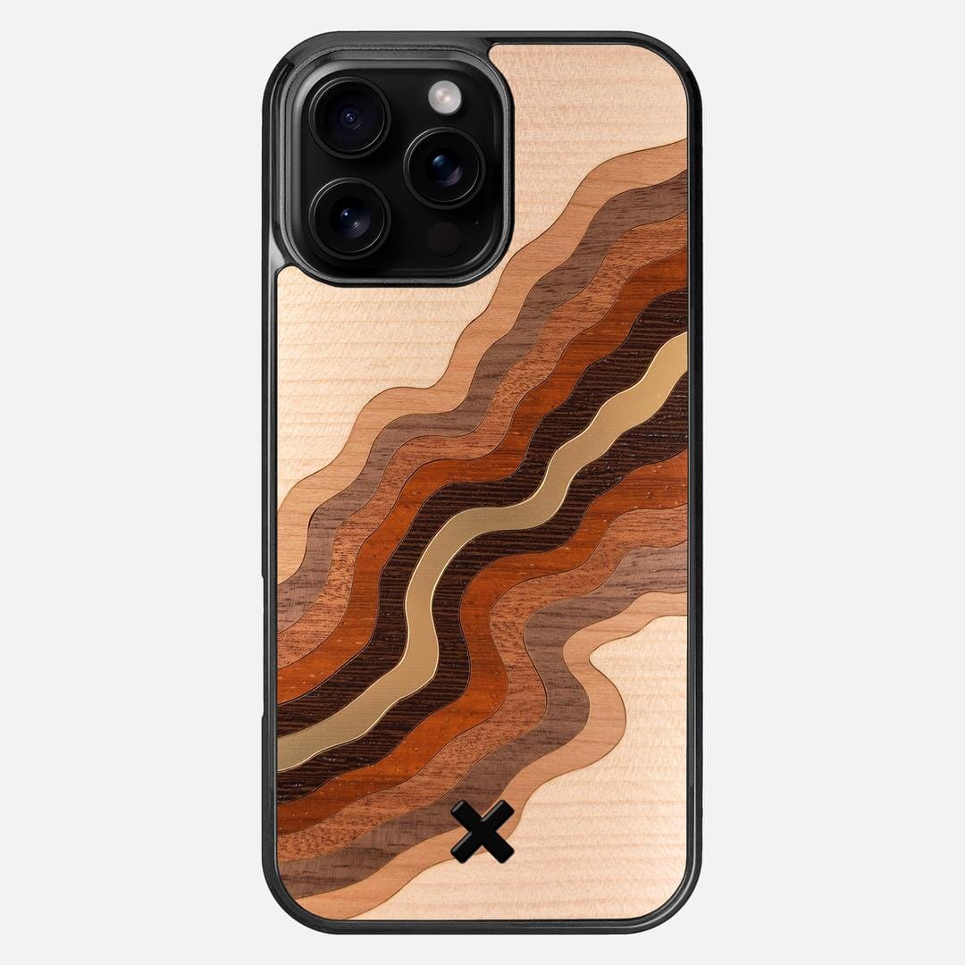 Canyon Case for the Apple iPhone 16 Pro Max featuring a flowing Gold, Maple, Cherry, Walnut, Sapele, Padauk, and Wenge Wood backer with the Keyway X Mark#Phone Model_iPhone 16 Pro Max