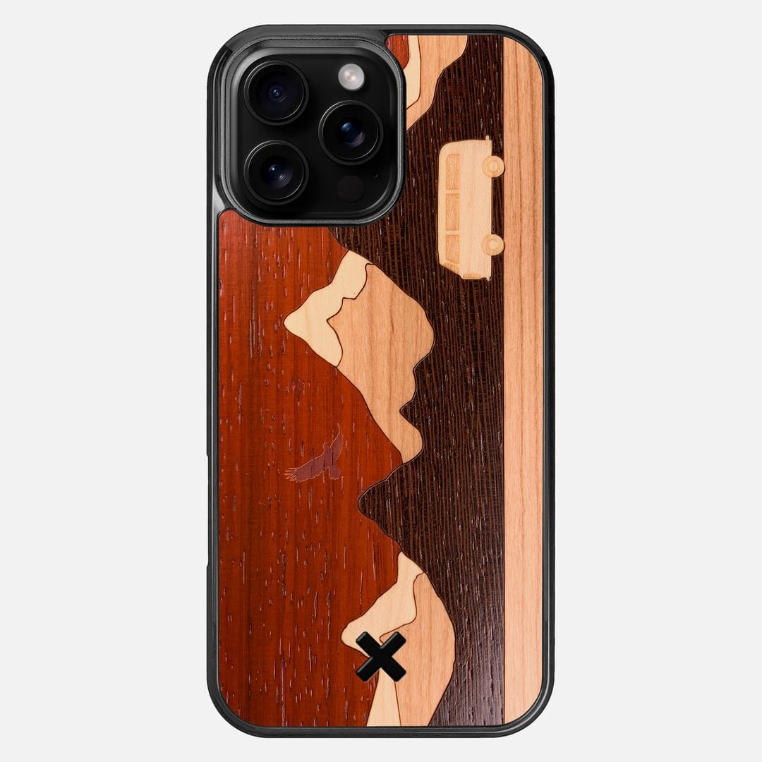 Cross Country Case for the Apple iPhone 16 Pro Max featuring a Padauk, Maple, Cherry, and Wenge Wood backer with the Keyway X Mark#Phone Model_iPhone 16 Pro Max