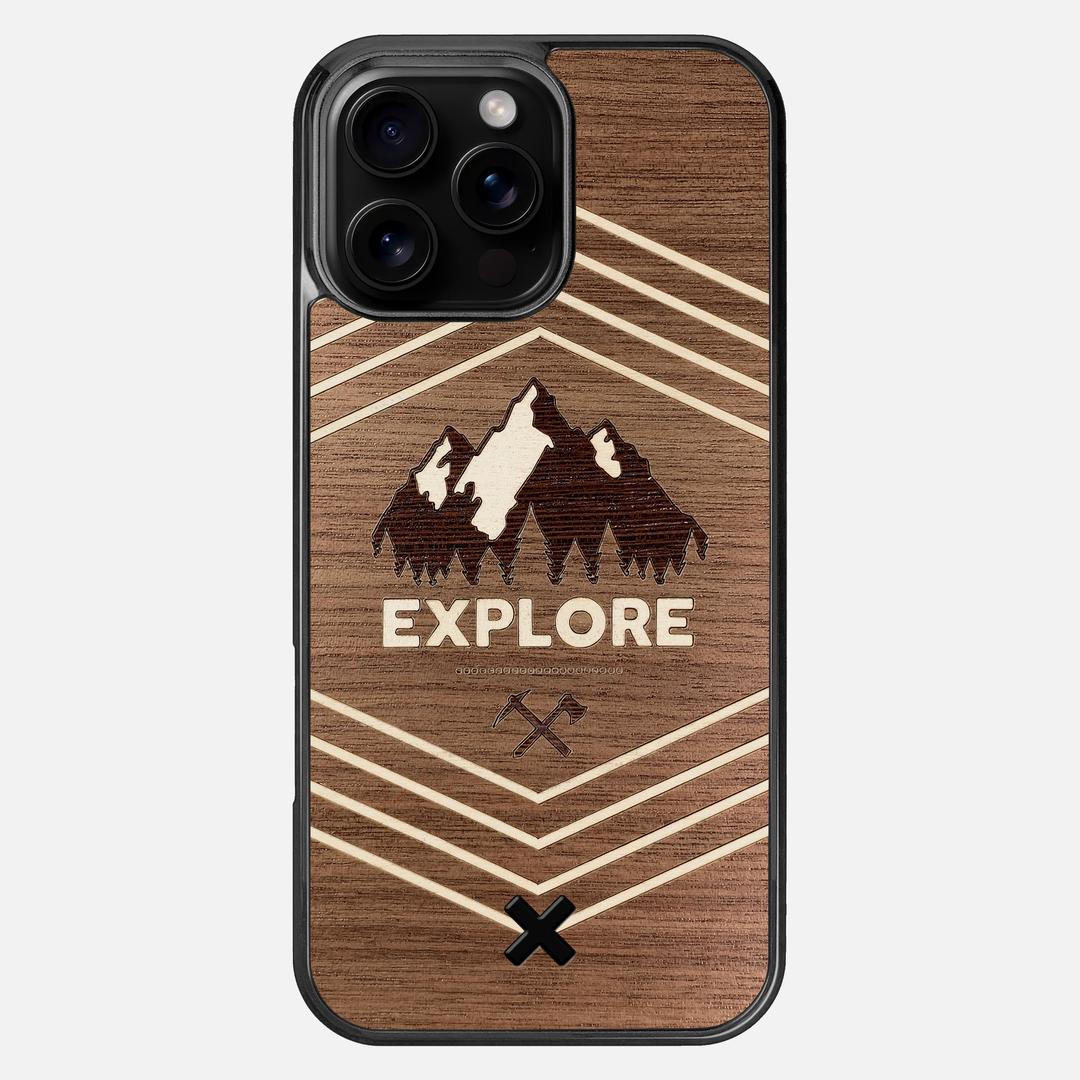 Explore Case for the Apple iPhone 16 Pro Max featuring a Wenge and Maple Mountain Range inlay on a Walnut Wood backer with the Keyway X Mark#Phone Model_iPhone 16 Pro Max