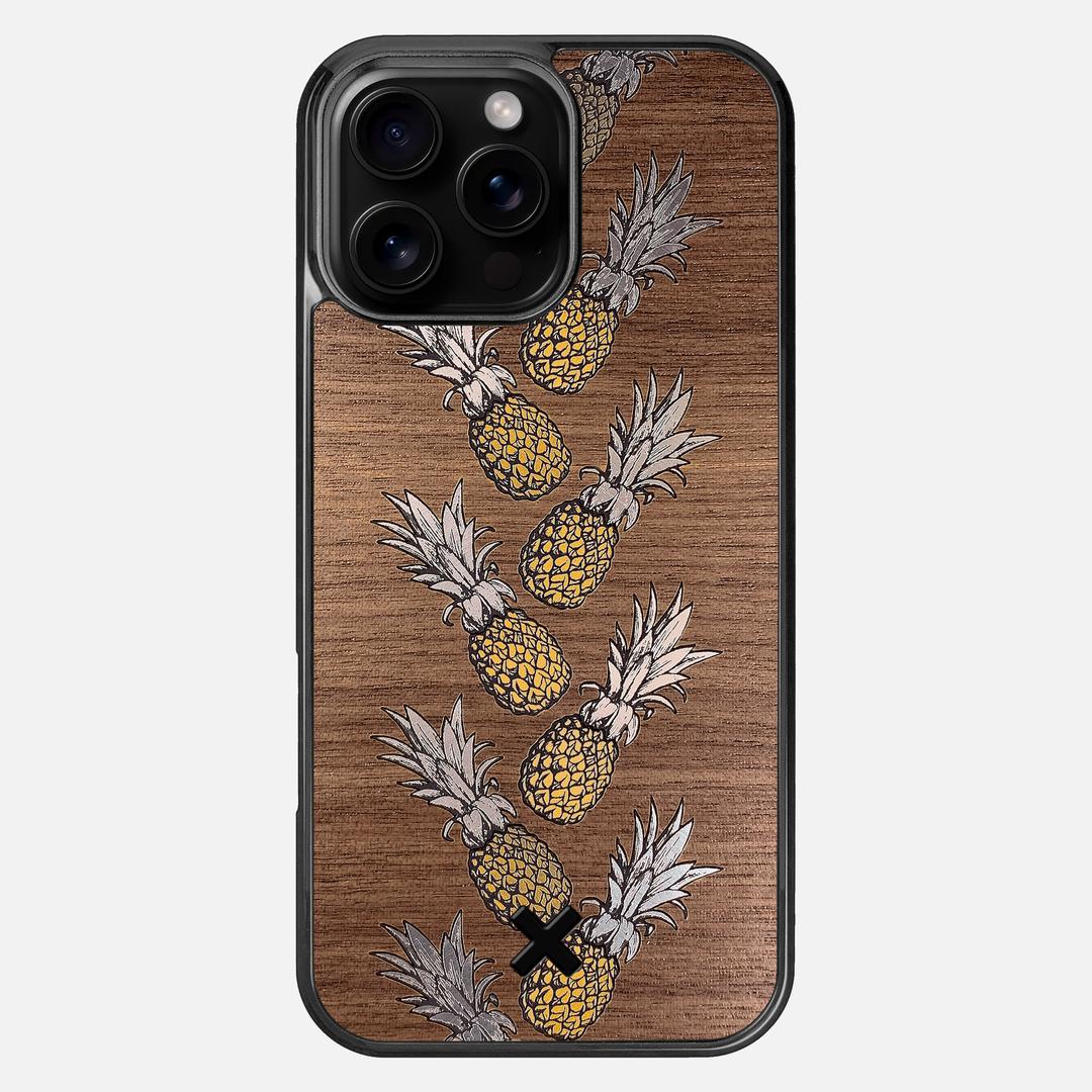 Pineapple Case for the Apple iPhone 16 Pro Max featuring a repeating gold and silver Pineapple inlay on a Walnut Wood backer with the Keyway X Mark#Phone Model_iPhone 16 Pro Max
