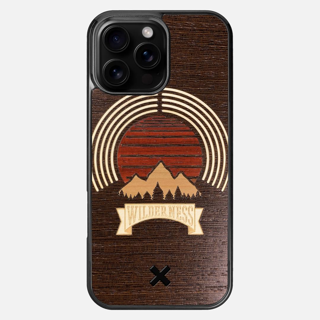 Wilderness Case for the Apple iPhone 16 Pro Max featuring a Maple, Padauk, and Cherry Sunset inlay on a Wenge Wood backer with the Keyway X Mark#Phone Model_iPhone 16 Pro Max