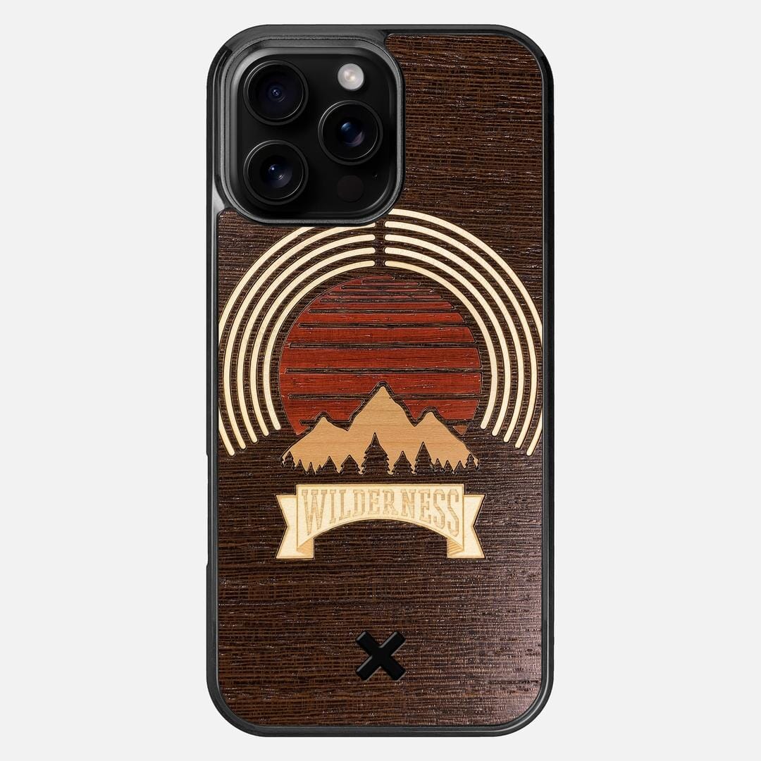 Wilderness Case for the Apple iPhone 16 Pro Max featuring a Maple, Padauk, and Cherry Sunset inlay on a Wenge Wood backer with the Keyway X Mark#Phone Model_iPhone 16 Pro Max