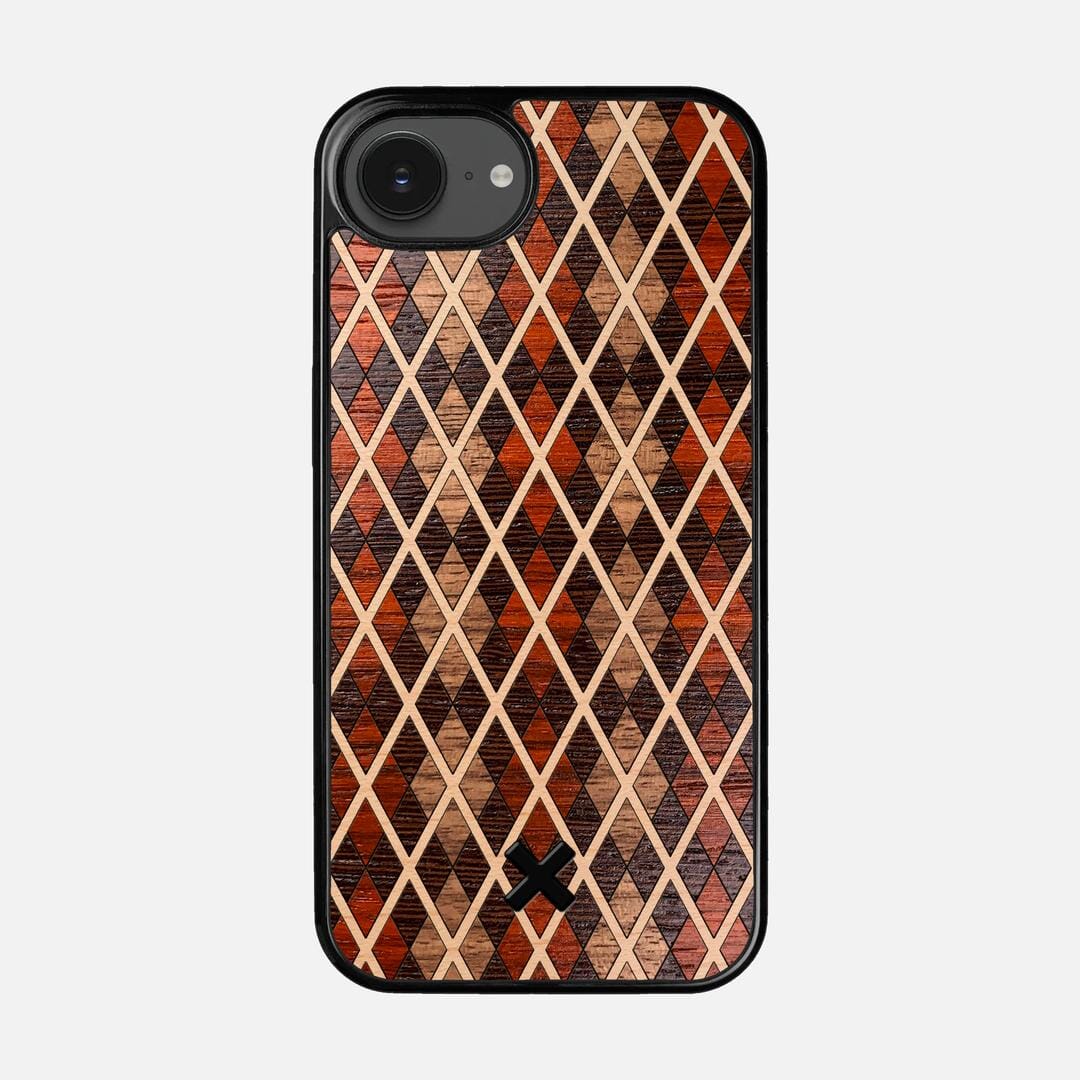 Argyle Case for the Apple iPhone 16e featuring a Walnut, Padauk, Wenge, and Maple Wood backer with the Keyway X Mark#Phone Model_iPhone 16e