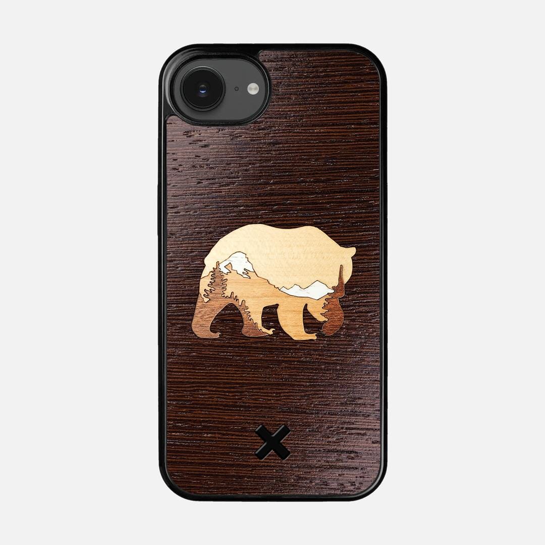 Bear Mountain Case for the Apple iPhone 16e featuring a Wenge, Maple, Cherry, and Sapele Wood backer with the Keyway X Mark#Phone Model_iPhone 16e