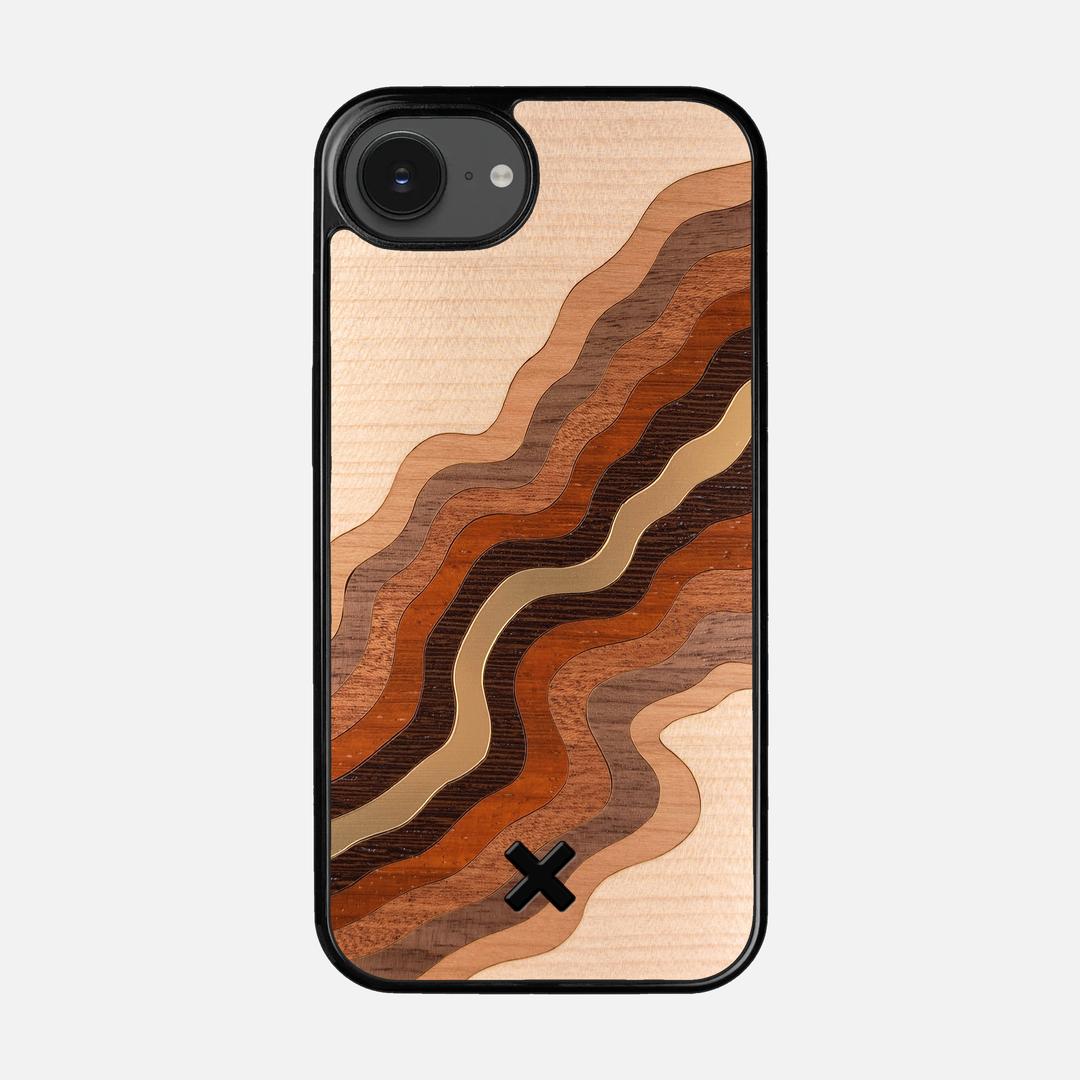 Canyon Case for the Apple iPhone 16e featuring a flowing Gold, Maple, Cherry, Walnut, Sapele, Padauk, and Wenge Wood backer with the Keyway X Mark#Phone Model_iPhone 16e