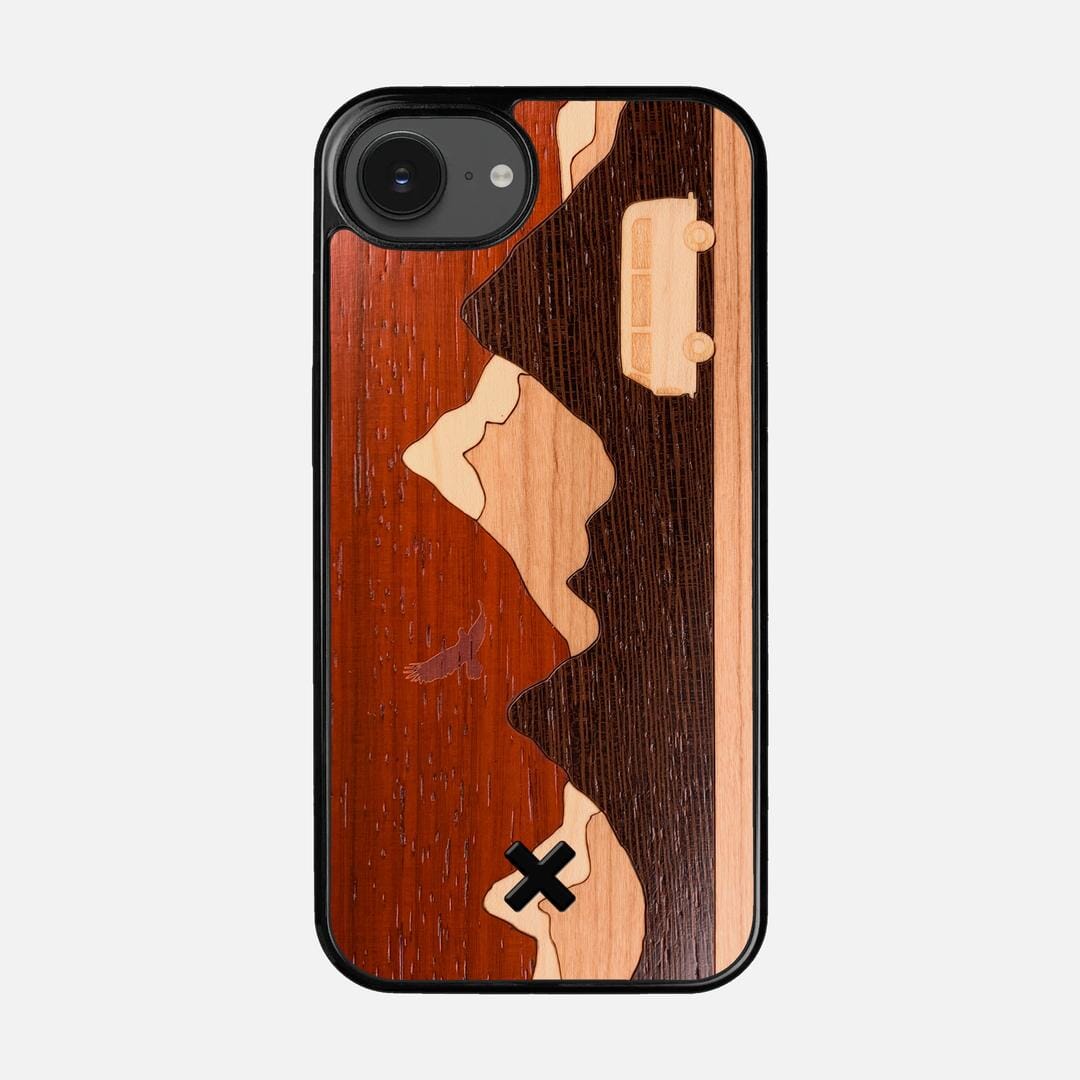 Cross Country Case for the Apple iPhone 16e featuring a Padauk, Maple, Cherry, and Wenge Wood backer with the Keyway X Mark#Phone Model_iPhone 16e