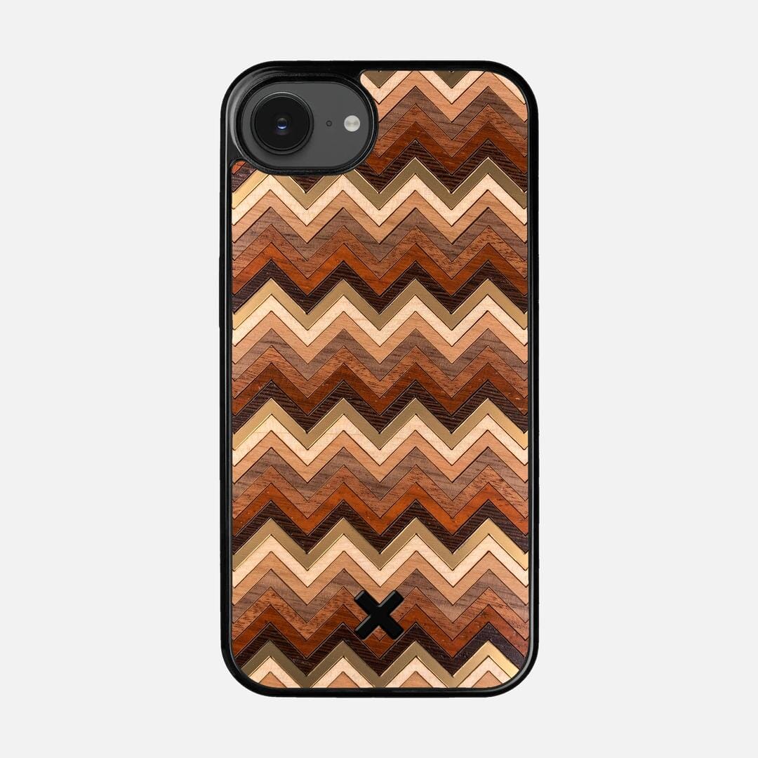 Echo Case for the Apple iPhone 16e featuring a zigzag Gold, Maple, Cherry, Walnut, Sapele, Padauk, and Wenge Wood backer with the Keyway X Mark#Phone Model_iPhone 16e
