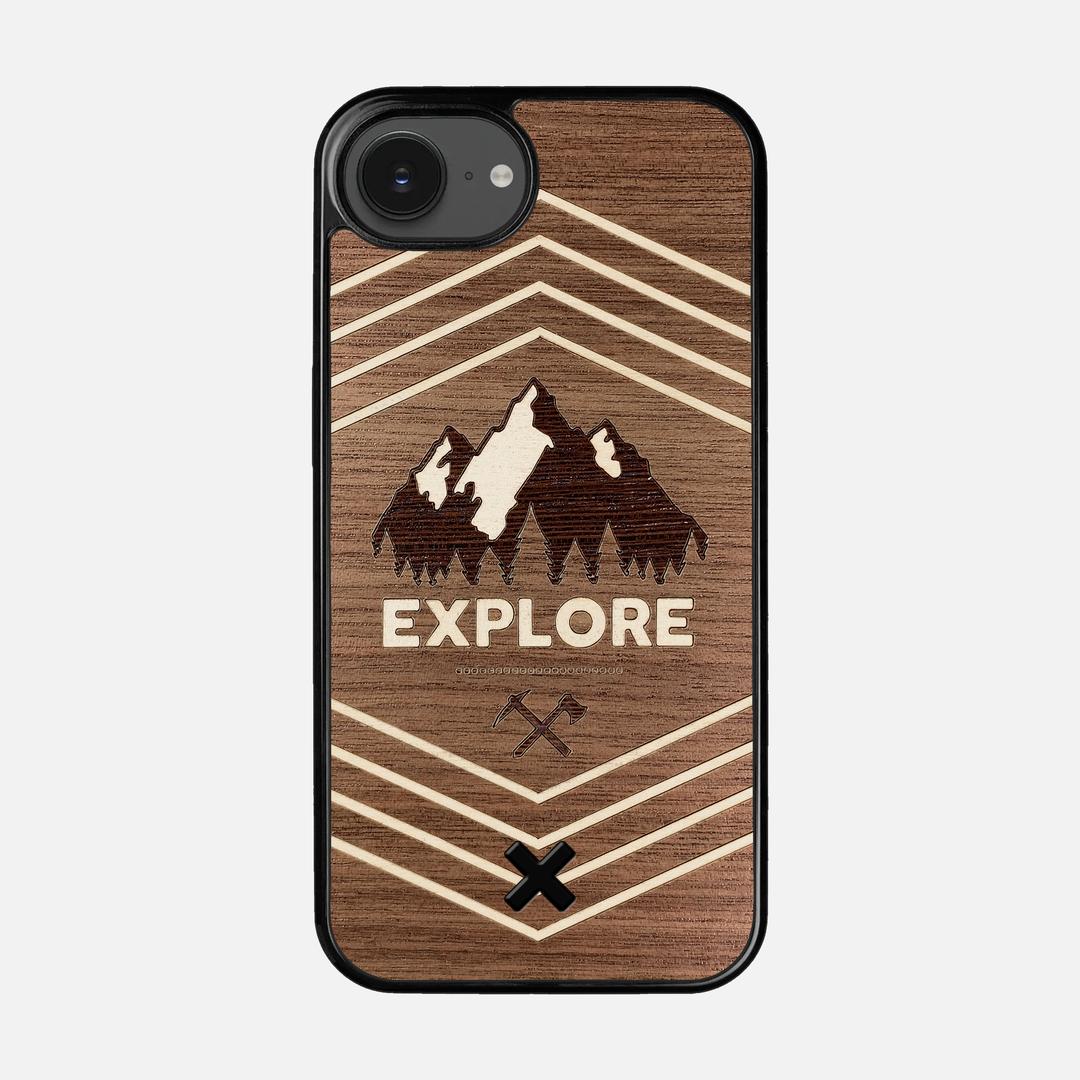 Explore Case for the Apple iPhone 16e featuring a Wenge and Maple Mountain Range inlay on a Walnut Wood backer with the Keyway X Mark#Phone Model_iPhone 16e