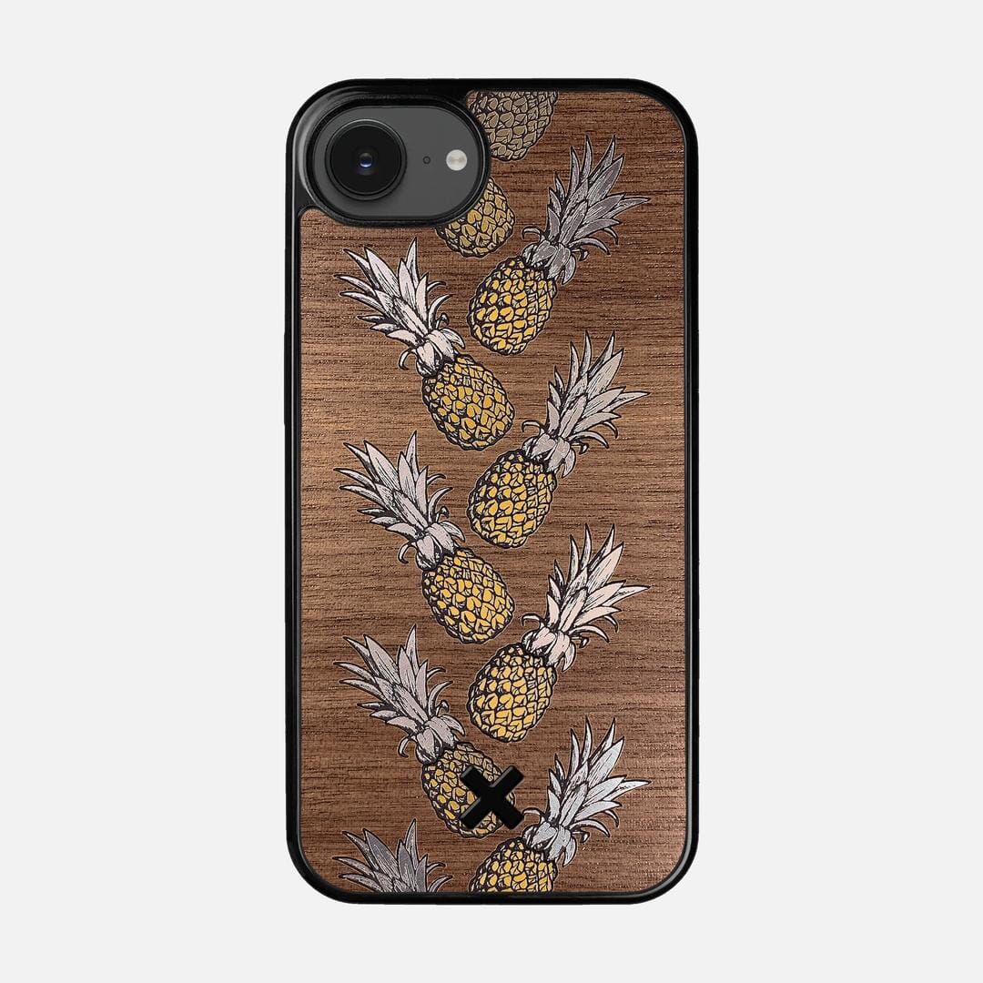 Pineapple Case for the Apple iPhone 16e featuring a repeating gold and silver Pineapple inlay on a Walnut Wood backer with the Keyway X Mark#Phone Model_iPhone 16e