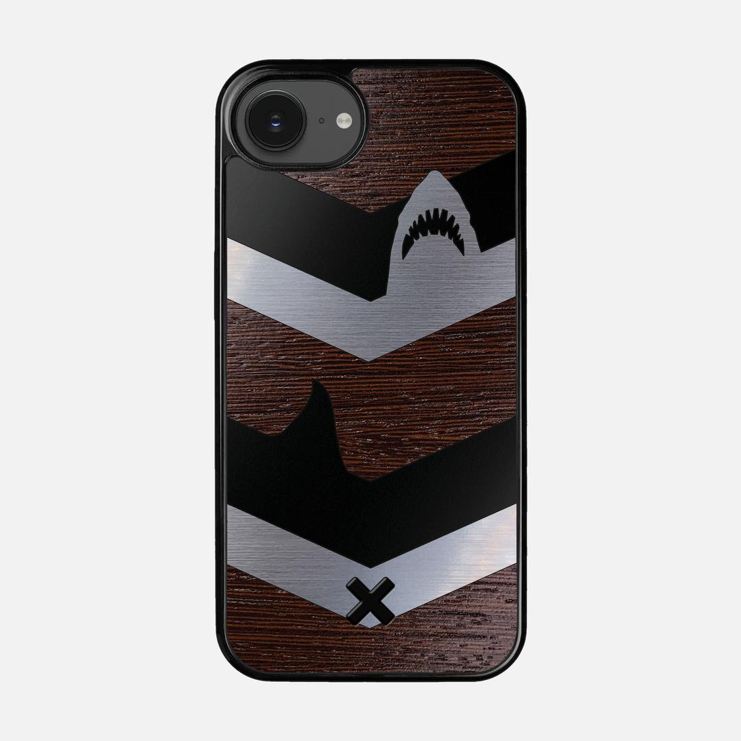 Shark Chevron Case for the Apple iPhone 16e featuring an Engraved Silver and Wenge Wood backer with the Keyway X Mark#Phone Model_iPhone 16e