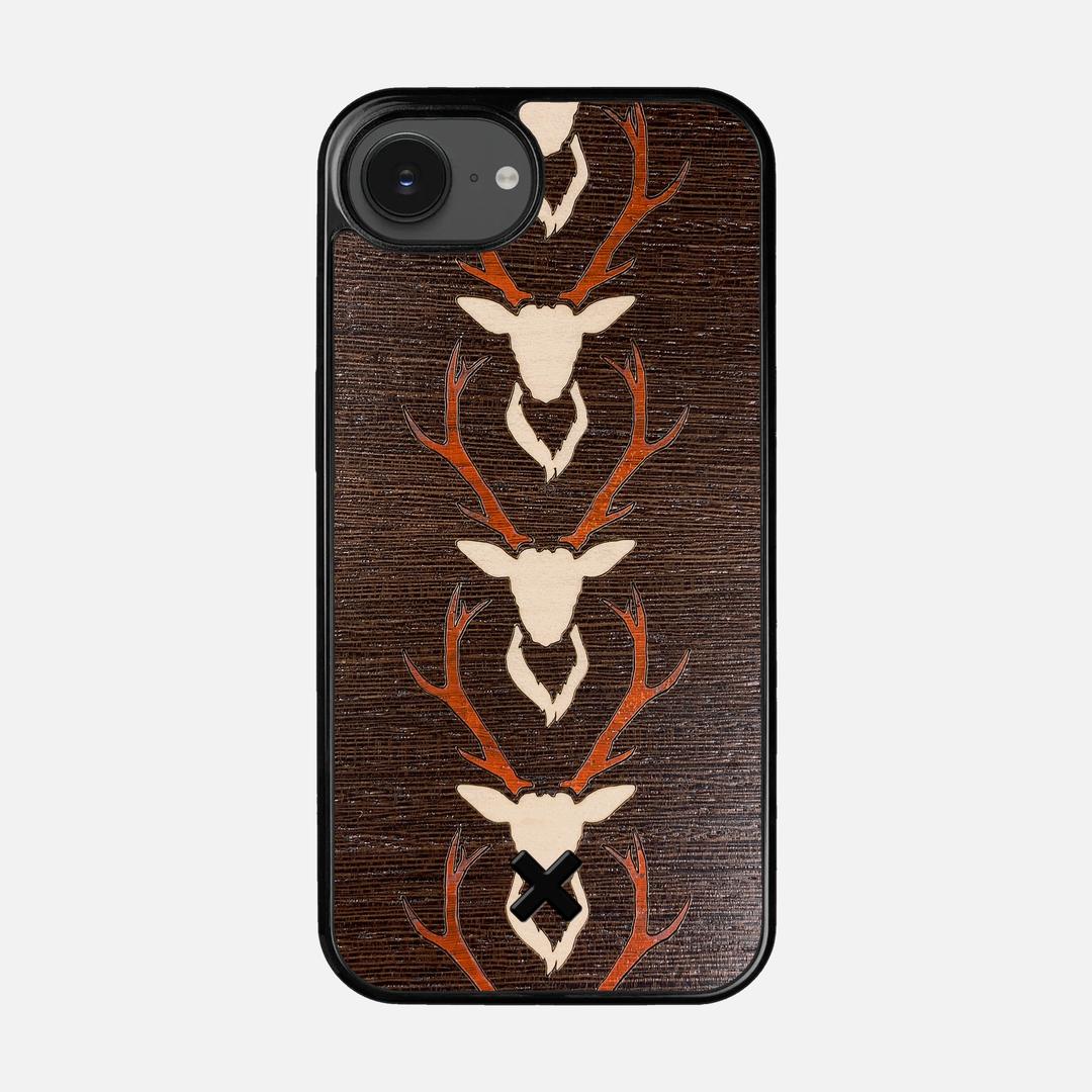Stag Case for the Apple iPhone 16e featuring a Maple & Padauk Deer Inlay on a Wenge Wood backer with the Keyway X Mark#Phone Model_iPhone 16e
