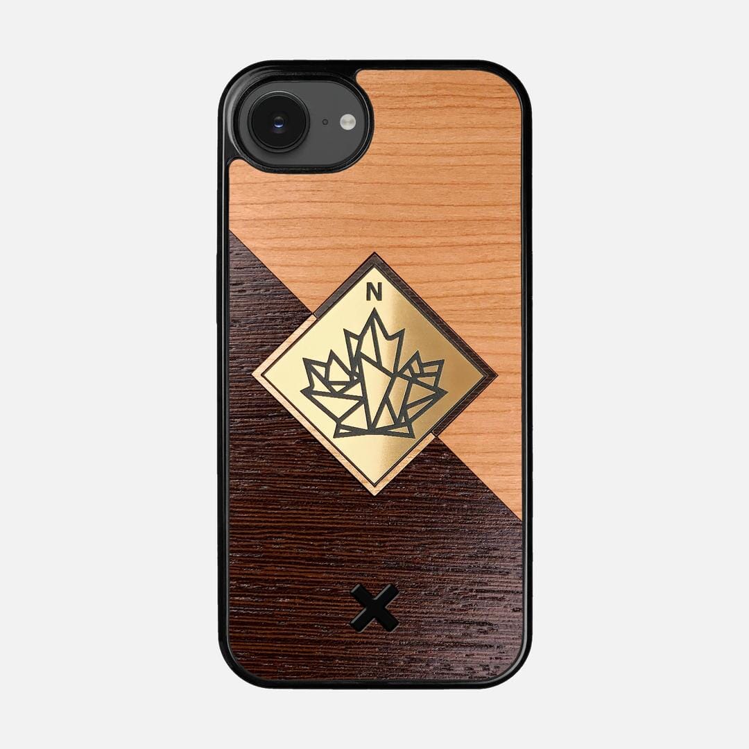 True North Case for the Apple iPhone 16e featuring an Engraved Gold, Cherry, and Wenge Wood backer with the Keyway X Mark#Phone Model_iPhone 16e