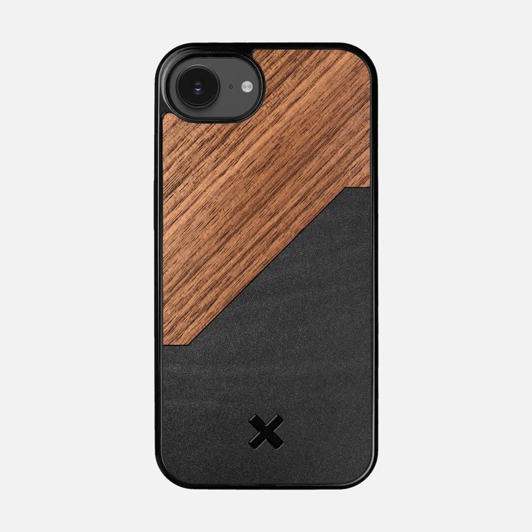 Walnut Rift Case for the Apple iPhone 16e featuring a Genuine Leather and Walnut Wood backer with the Keyway X Mark#Phone Model_iPhone 16e