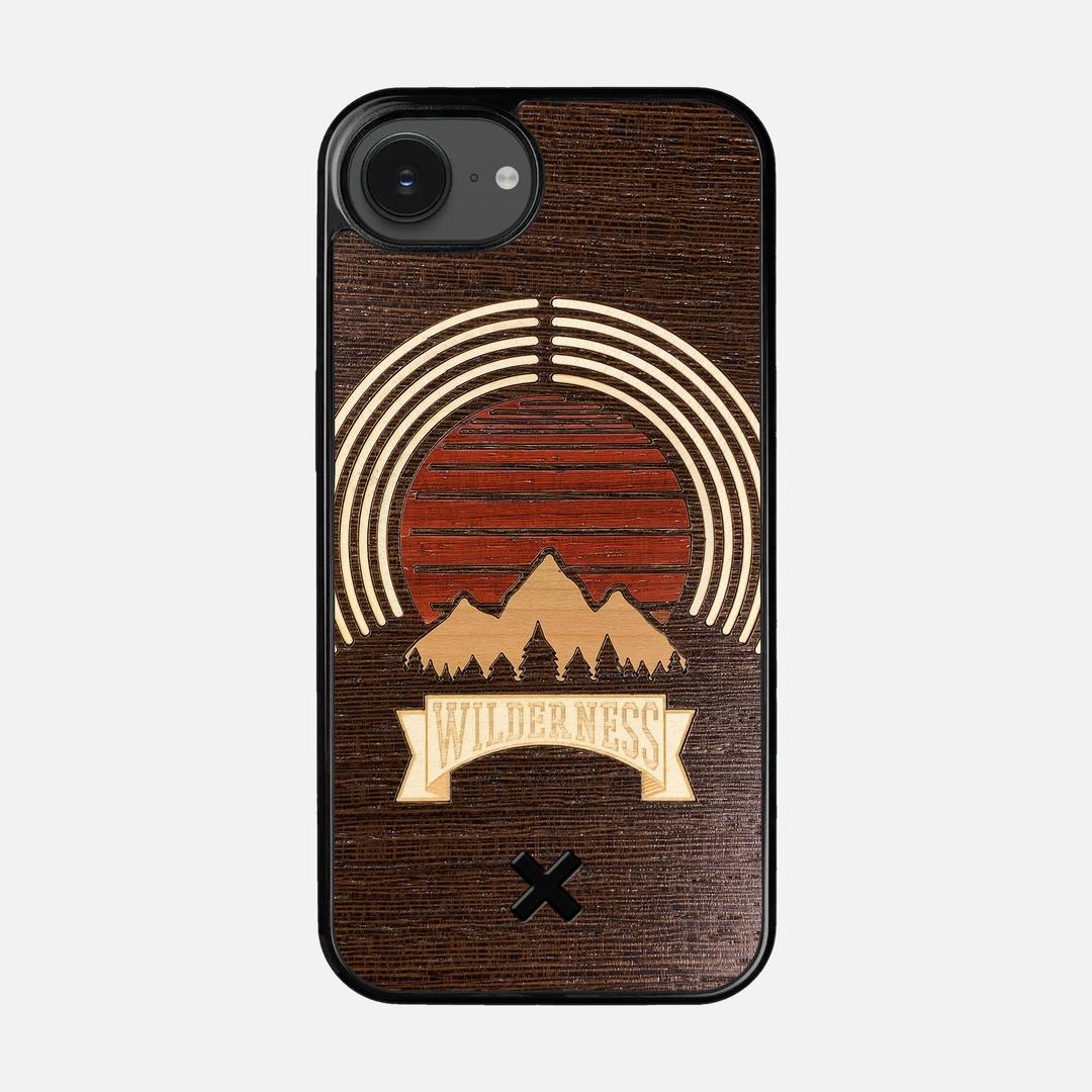 Wilderness Case for the Apple iPhone 16e featuring a Maple, Padauk, and Cherry Sunset inlay on a Wenge Wood backer with the Keyway X Mark#Phone Model_iPhone 16e