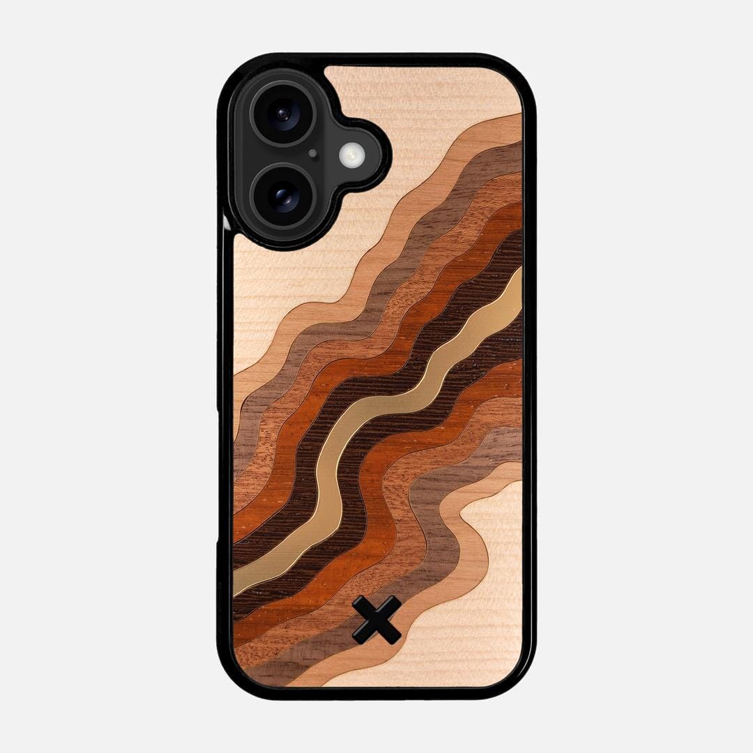 Canyon Case for the Apple iPhone 17 featuring a flowing Gold, Maple, Cherry, Walnut, Sapele, Padauk, and Wenge Wood backer with the Keyway X Mark#Phone Model_iPhone 17