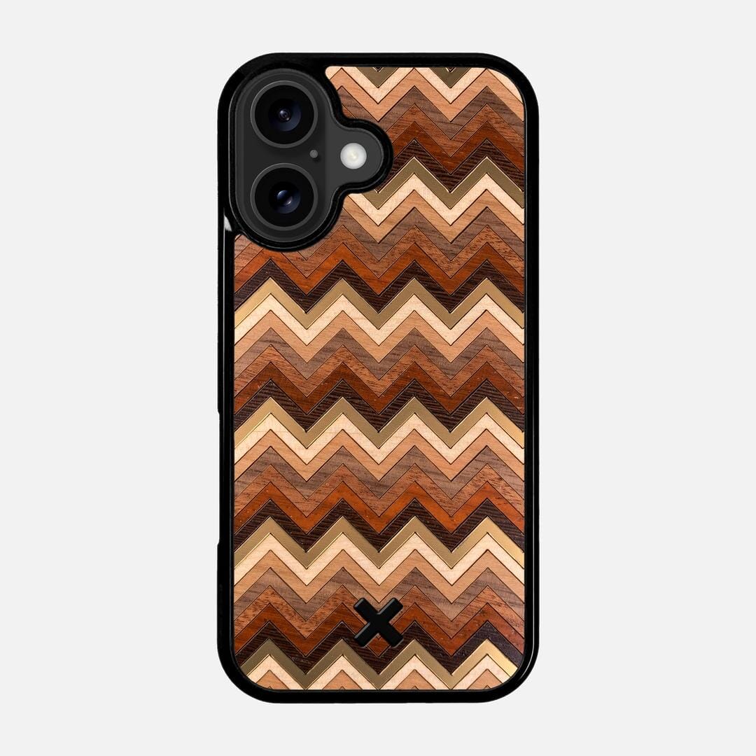 Echo Case for the Apple iPhone 17 featuring a zigzag Gold, Maple, Cherry, Walnut, Sapele, Padauk, and Wenge Wood backer with the Keyway X Mark#Phone Model_iPhone 17