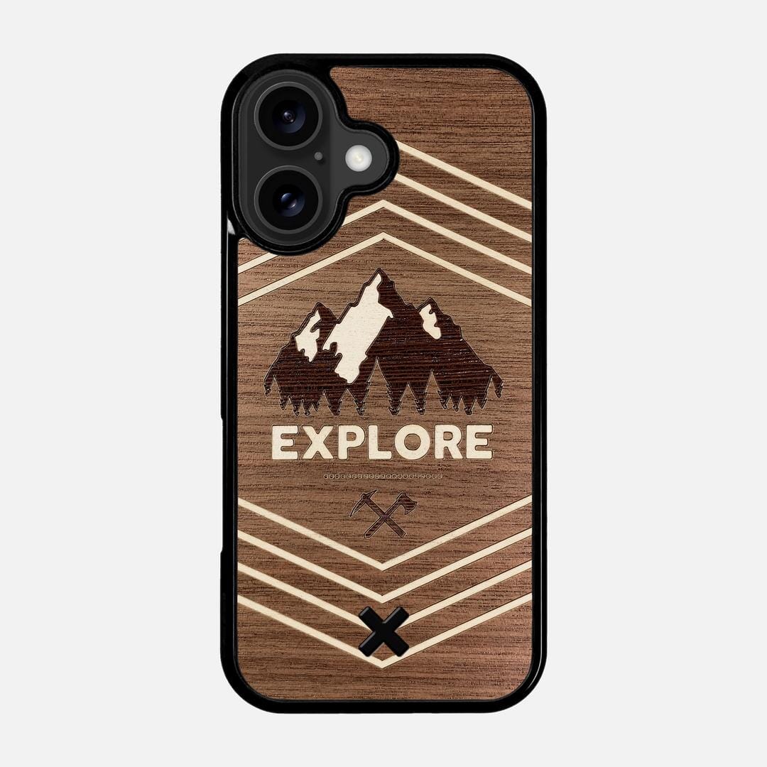 Explore Case for the Apple iPhone 17 featuring a Wenge and Maple Mountain Range inlay on a Walnut Wood backer with the Keyway X Mark#Phone Model_iPhone 17