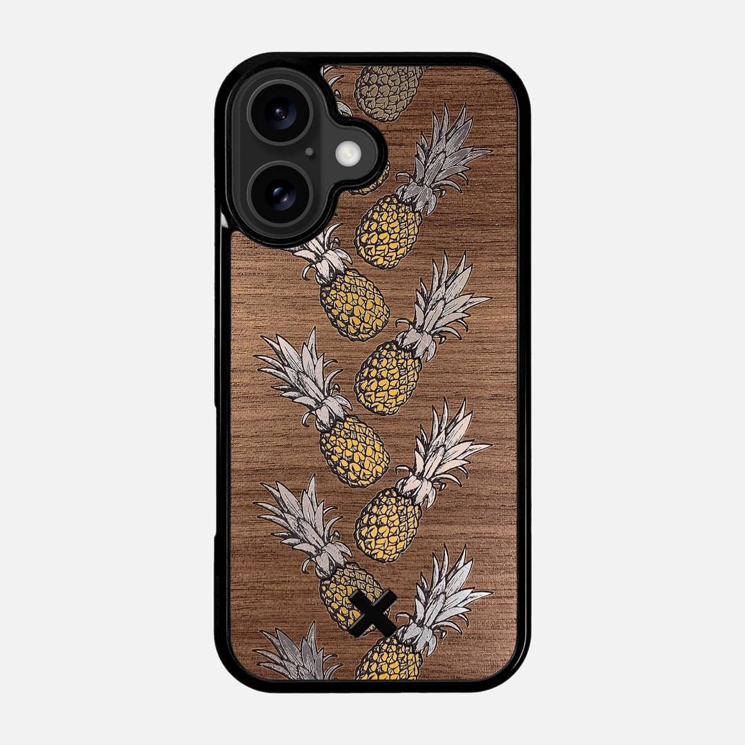 Pineapple Case for the Apple iPhone 17 featuring a repeating gold and silver Pineapple inlay on a Walnut Wood backer with the Keyway X Mark#Phone Model_iPhone 17