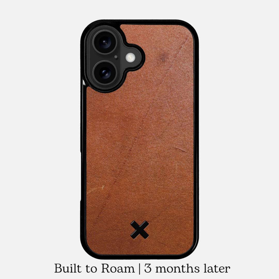 Patina example shot of the grain after 3 months of carry on the Whiskey leather phone case by Keyway