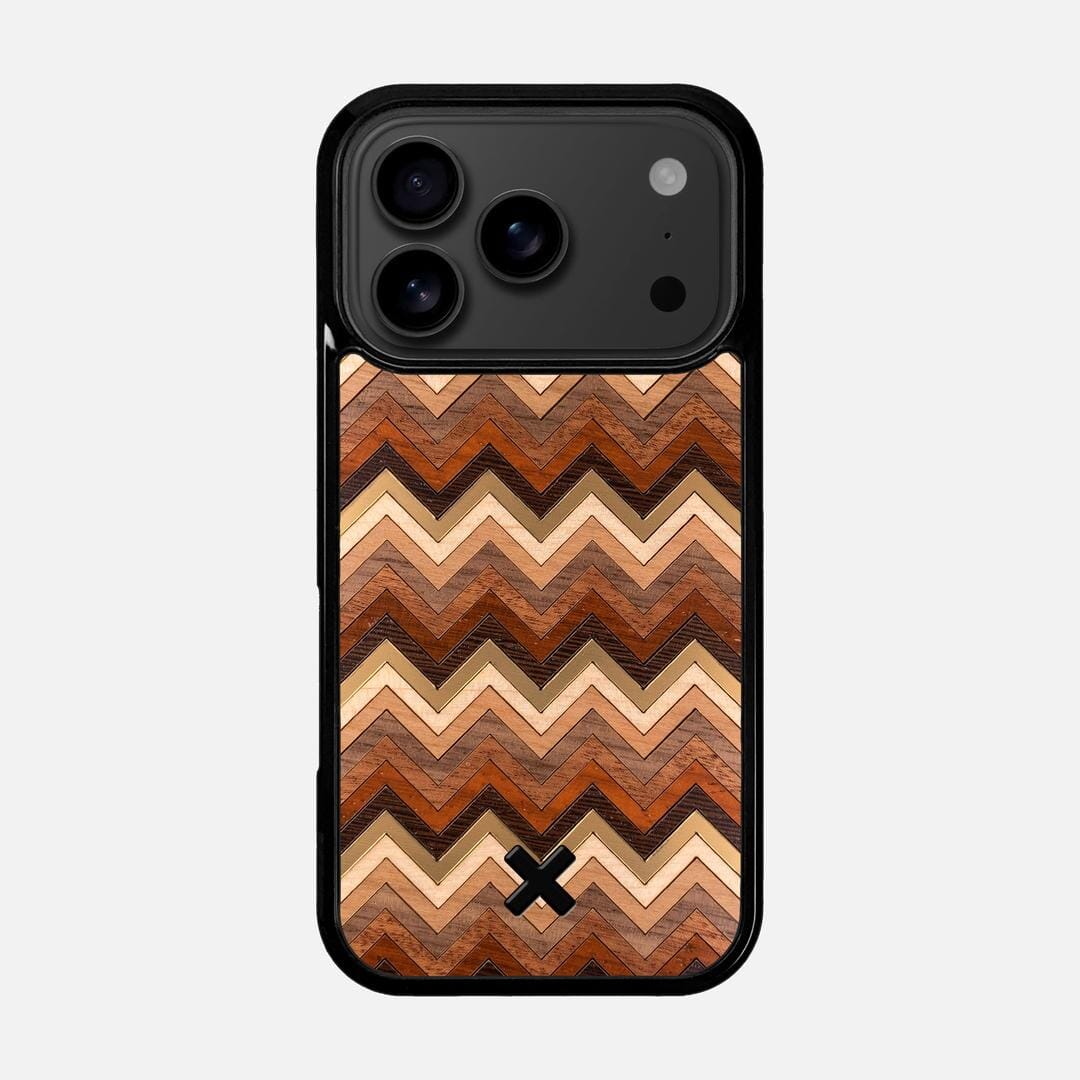 Echo Case for the Apple iPhone 17 Pro featuring a zigzag Gold, Maple, Cherry, Walnut, Sapele, Padauk, and Wenge Wood backer with the Keyway X Mark#Phone Model_iPhone 17 Pro