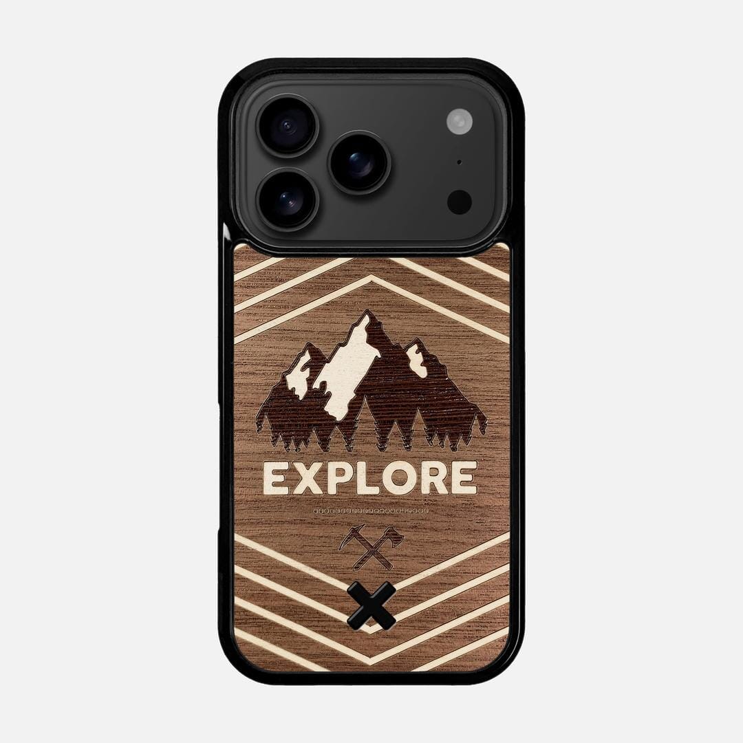 Explore Case for the Apple iPhone 17 Pro featuring a Wenge and Maple Mountain Range inlay on a Walnut Wood backer with the Keyway X Mark#Phone Model_iPhone 17 Pro