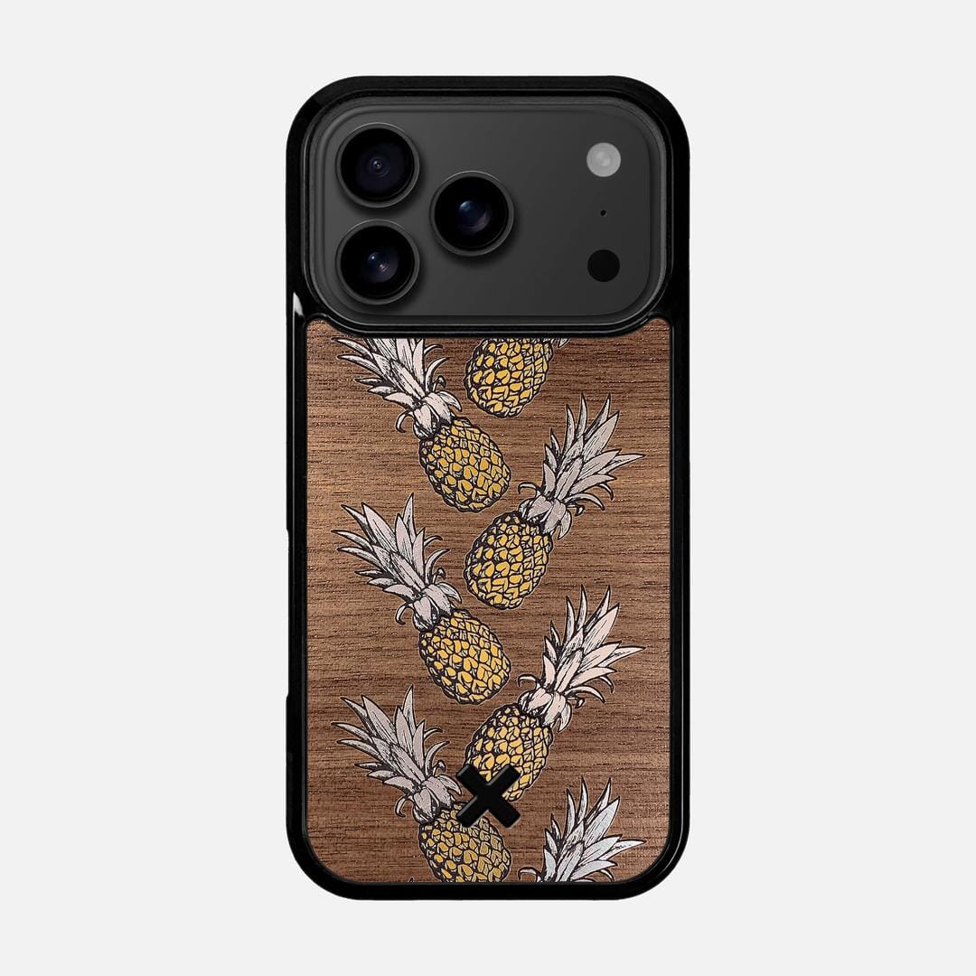 Pineapple Case for the Apple iPhone 17 Pro featuring a repeating gold and silver Pineapple inlay on a Walnut Wood backer with the Keyway X Mark#Phone Model_iPhone 17 Pro