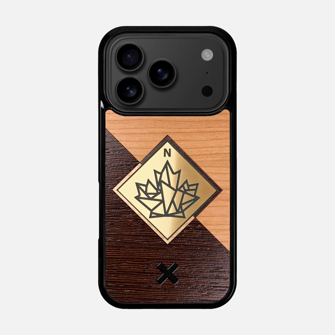 True North Case for the Apple iPhone 17 Pro featuring an Engraved Gold, Cherry, and Wenge Wood backer with the Keyway X Mark#Phone Model_iPhone 17 Pro