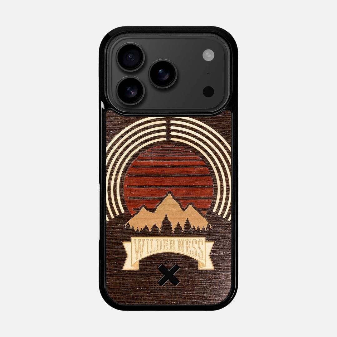 Wilderness Case for the Apple iPhone 17 Pro featuring a Maple, Padauk, and Cherry Sunset inlay on a Wenge Wood backer with the Keyway X Mark#Phone Model_iPhone 17 Pro